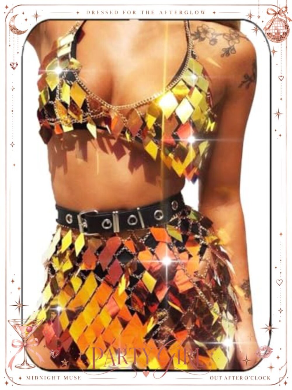 Sequin Rave Dance Outfit Halter Crop Top Hip Skirt Set